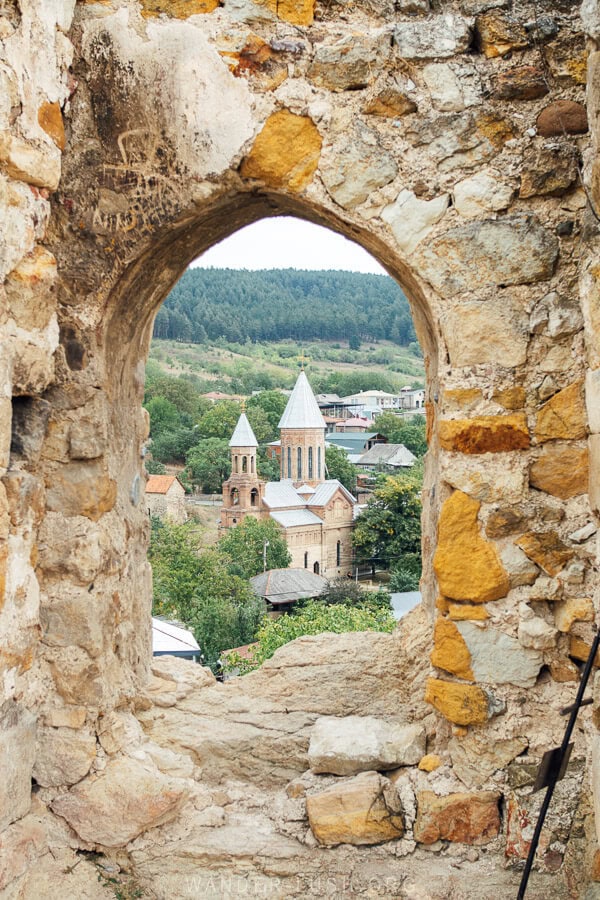 A church viewed from a window in Surami Fortress in Georgia.