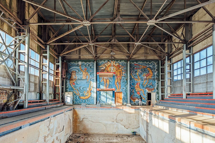 A massive Soviet mosaic depicting watersports decorates an indoor pool complex in Zestafoni, Georgia.