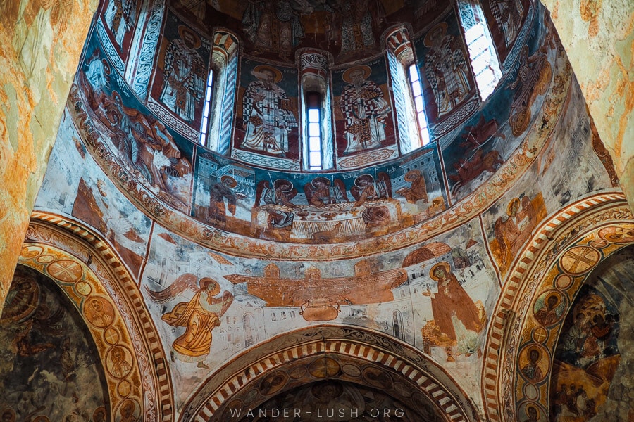 Frescoes decorate the dome at Nikortsminda Cathedral in Georgia.