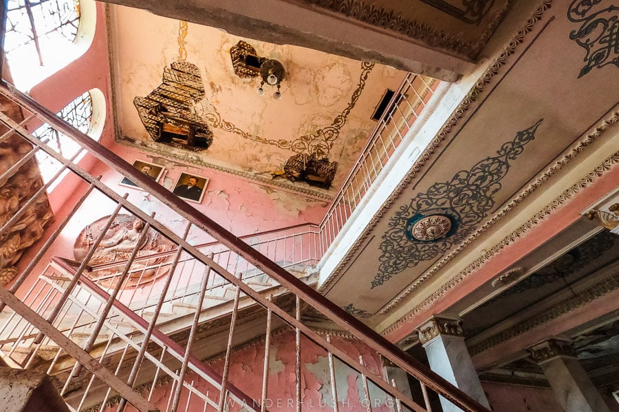 A former Village Labour House in Shroma, Guria, with beautiful decorations and flaking paint.