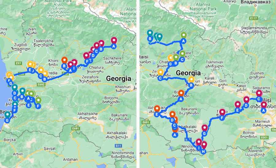 Georgia country road trip itinerary map, with points of interest and driving directions.
