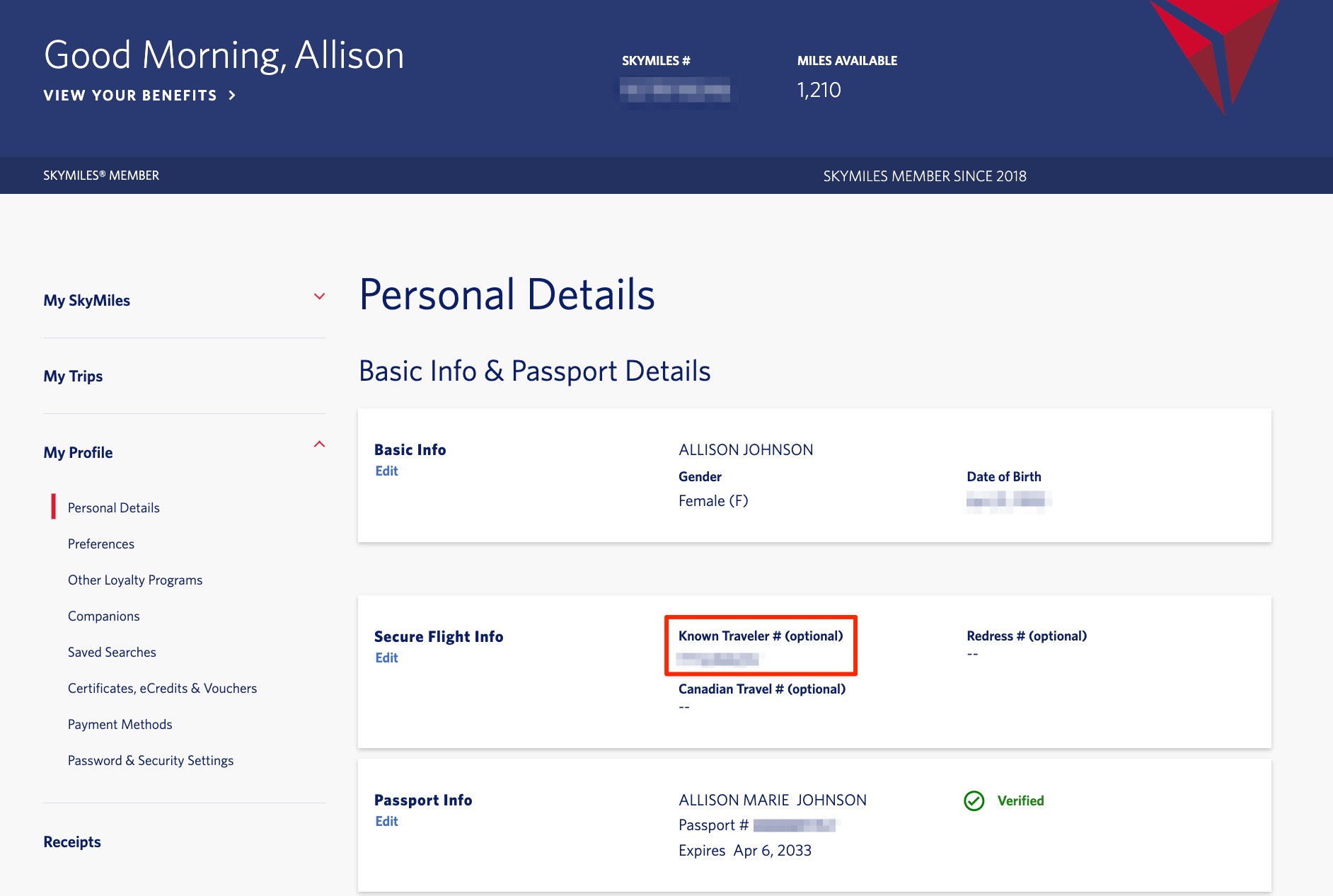 Known Traveler Number Delta SkyMiles account