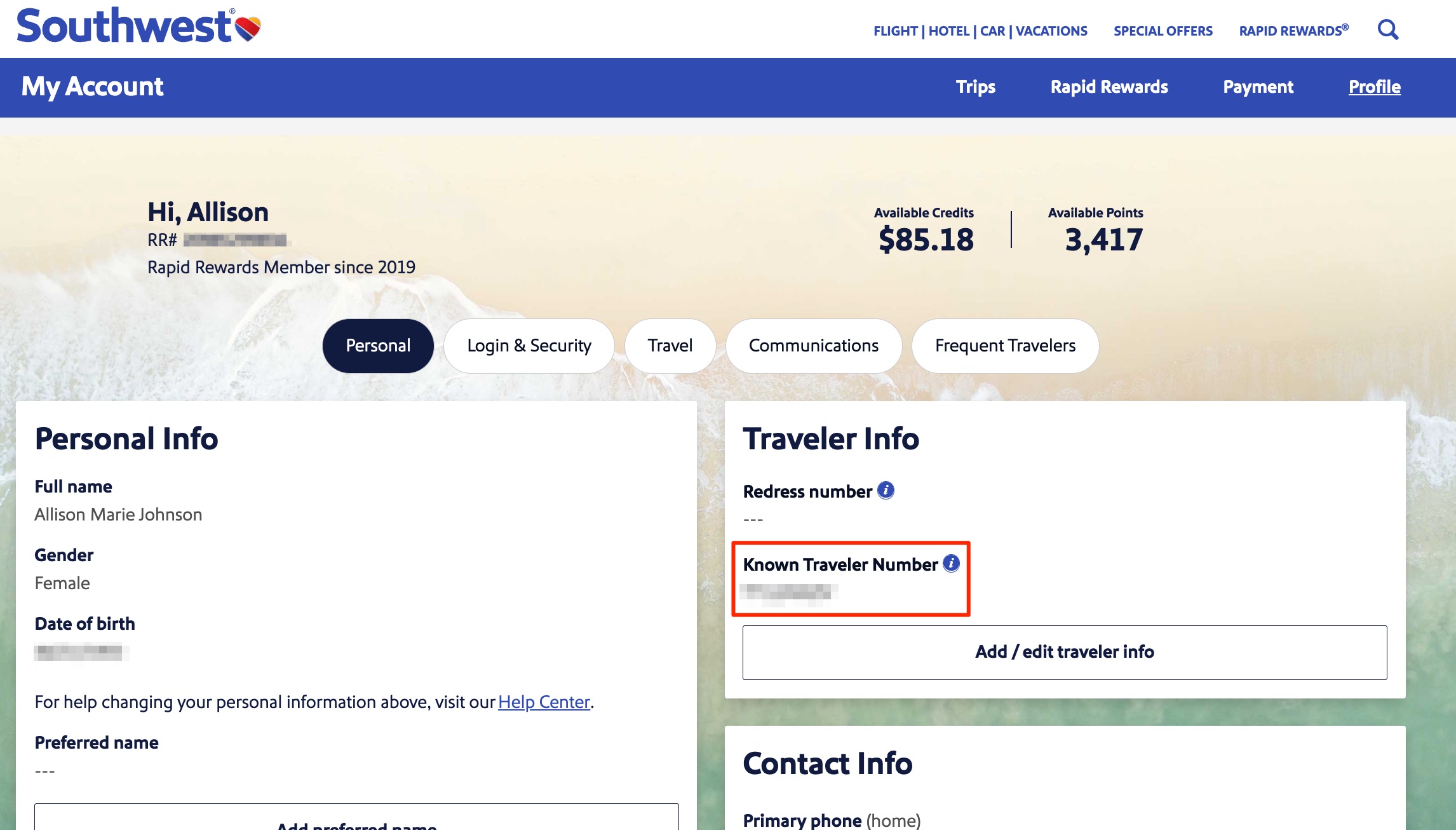 Adding your KTN to your Southwest Rapid Rewards account