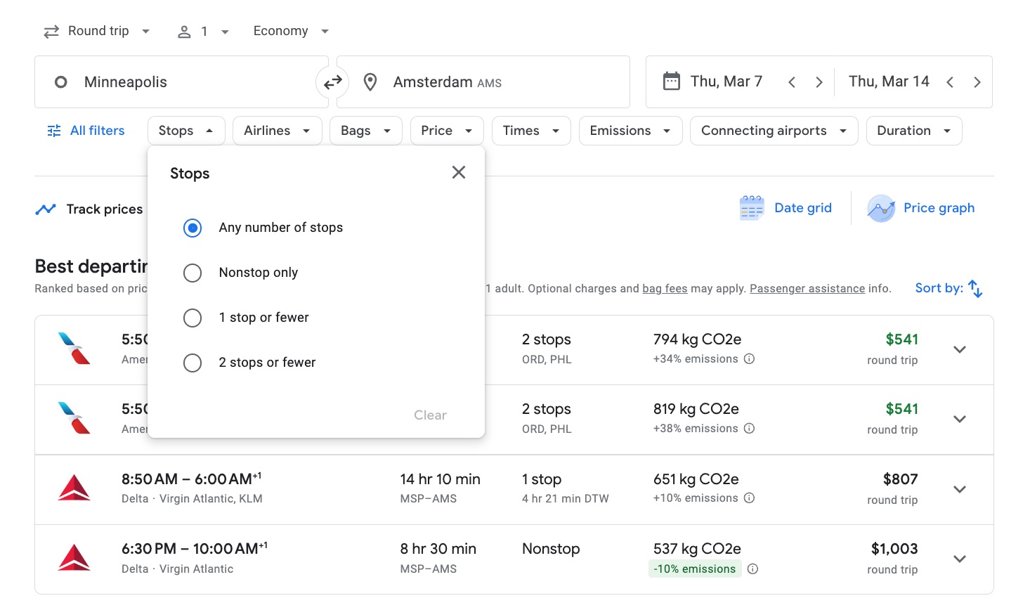 google flights filter for stops