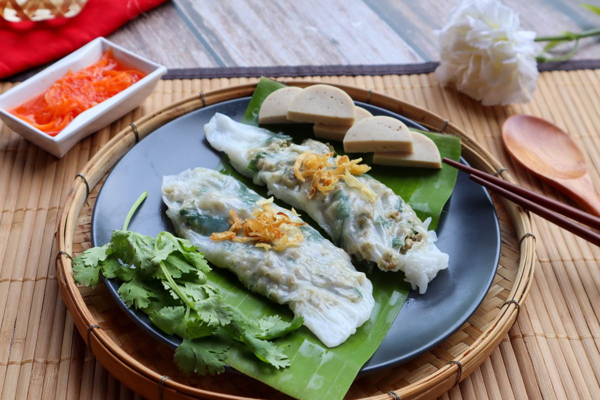 Banh cuon—steamed rice rolls, a typical food of Hanoi, Vietnam.