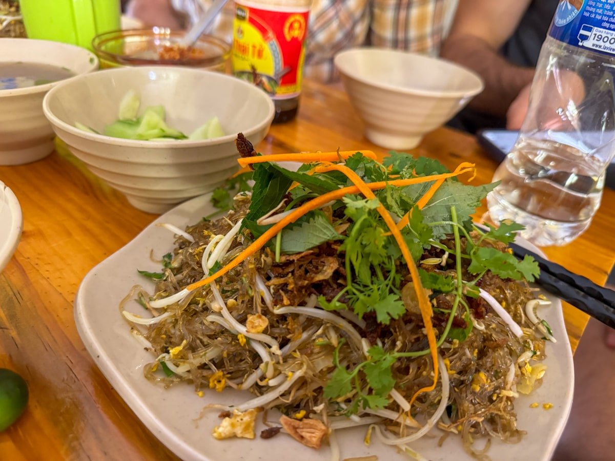 Plate of Vietnamese mien luon xao—stir-fried glass noodles with eel—a popular food of Hanoi.