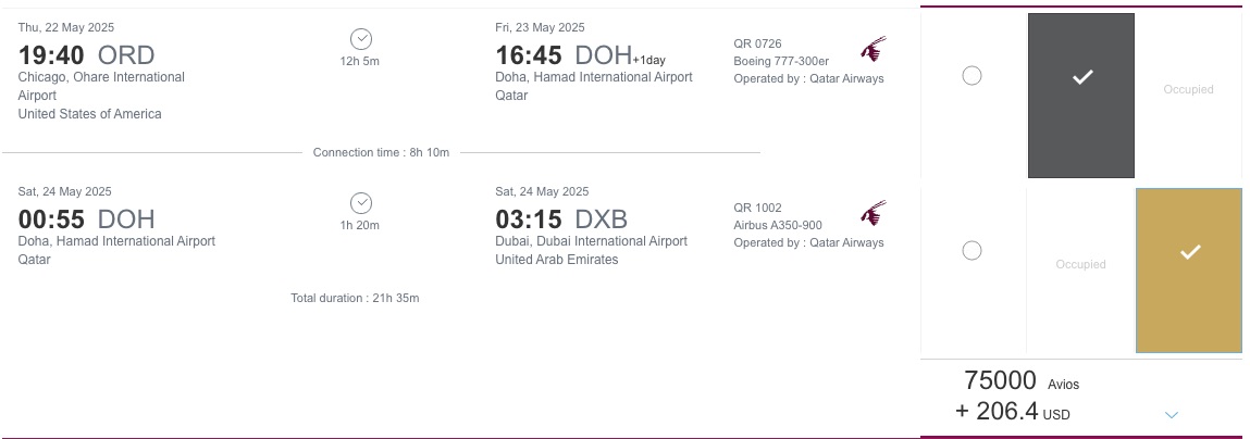 ORD-DXB Qatar Avios booking