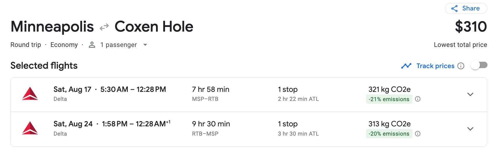 MSP-RTB Google Flights 