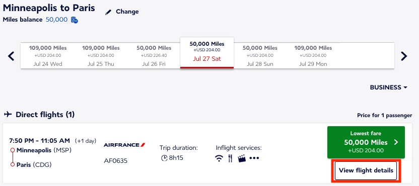 MSP-CDG Air France biz class Flying Blue miles