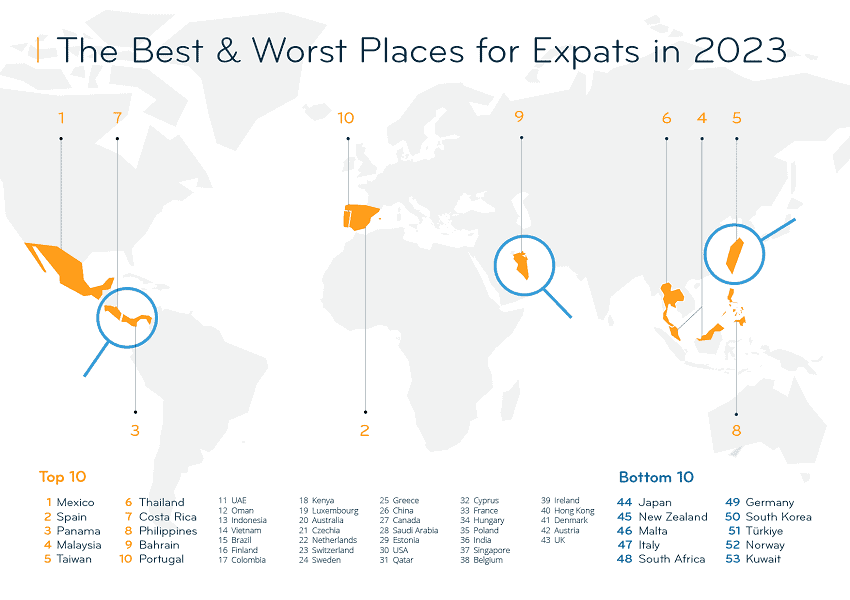 Map with results of InterNations' 2023 Expat Insider survey