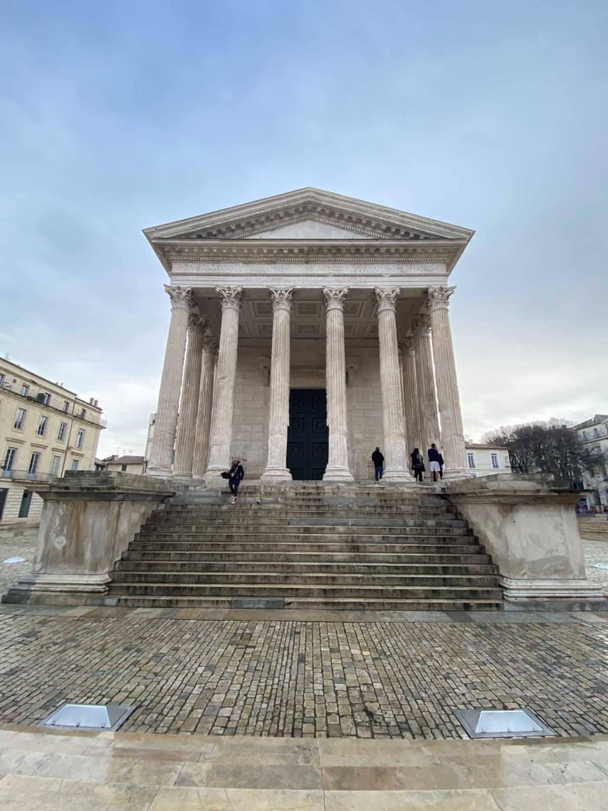 Front steps of Maison Carrée in Nimes, France