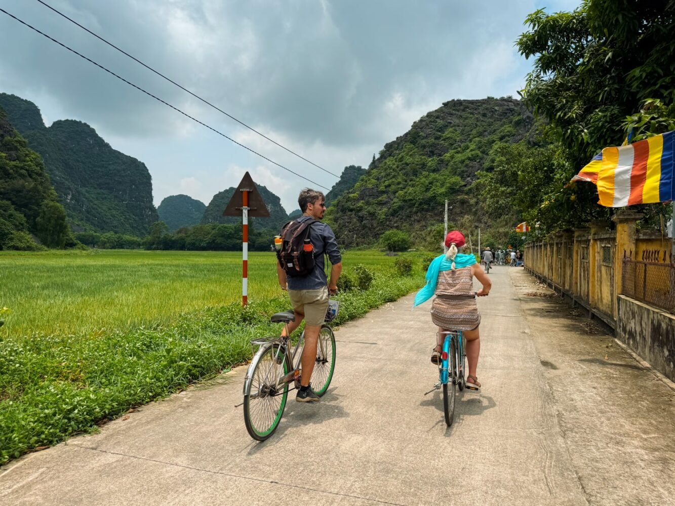 Tourists biking in Ninh Binh (Vietnam) countryside beside rice paddy fields and limestone karsts.