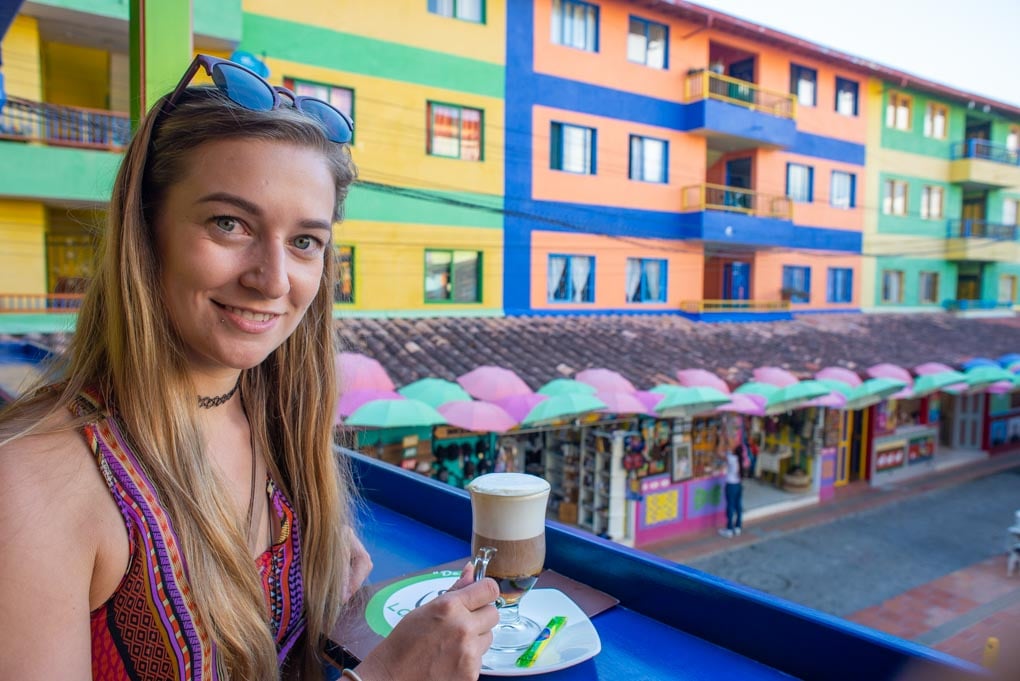 Drinking Colombian coffee in Guatape, Colombia