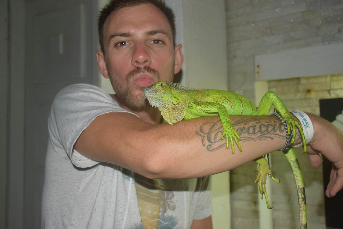 Daniel with an iguana on San Andres Island, Colombia