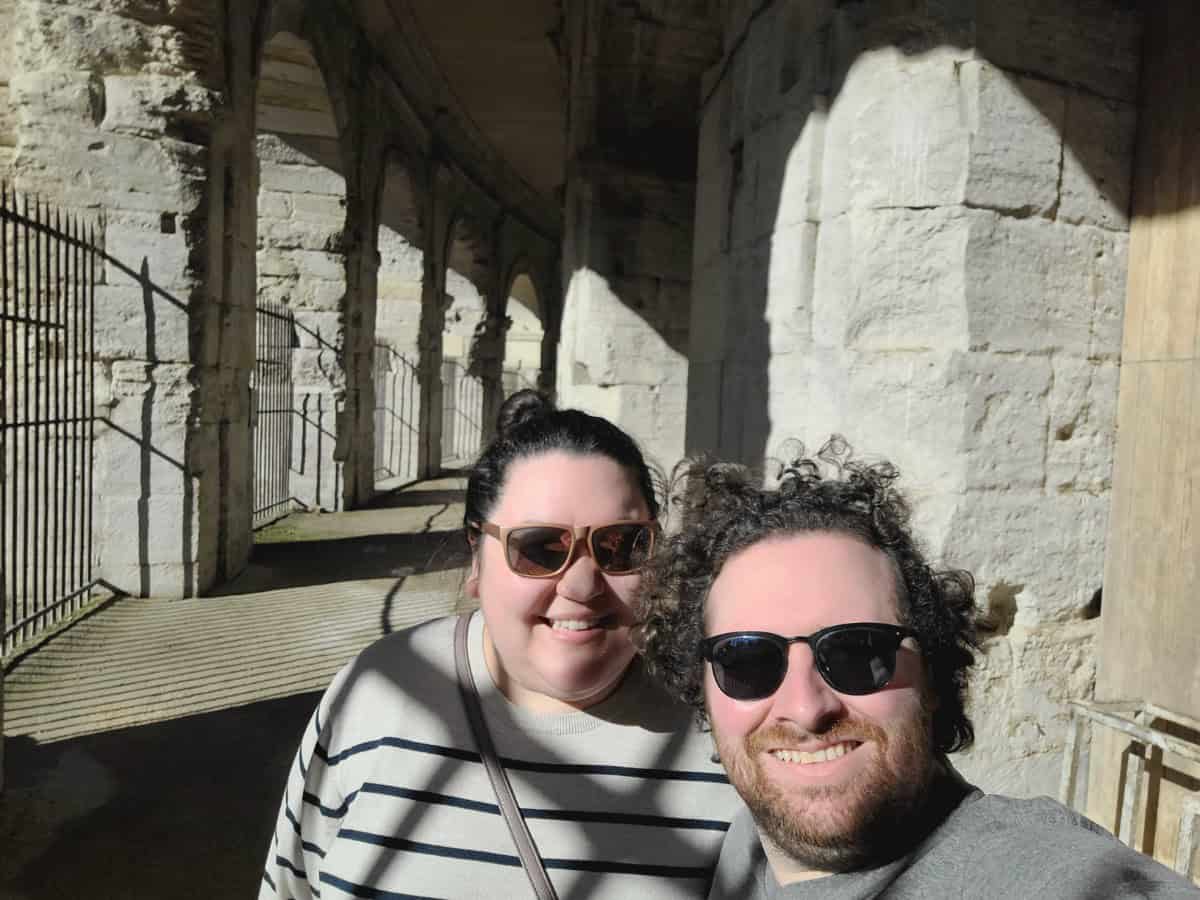 Selfie of Riana and Colin inside the Arles Amphitheatre, France