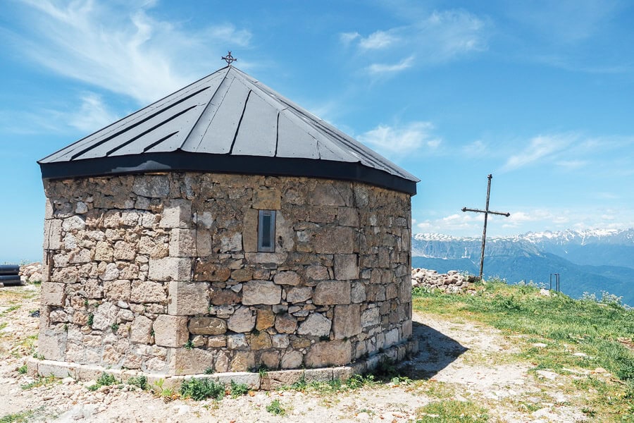 A round stone church near the peak of Mount Khvamli near Kutaisi in Georgia.