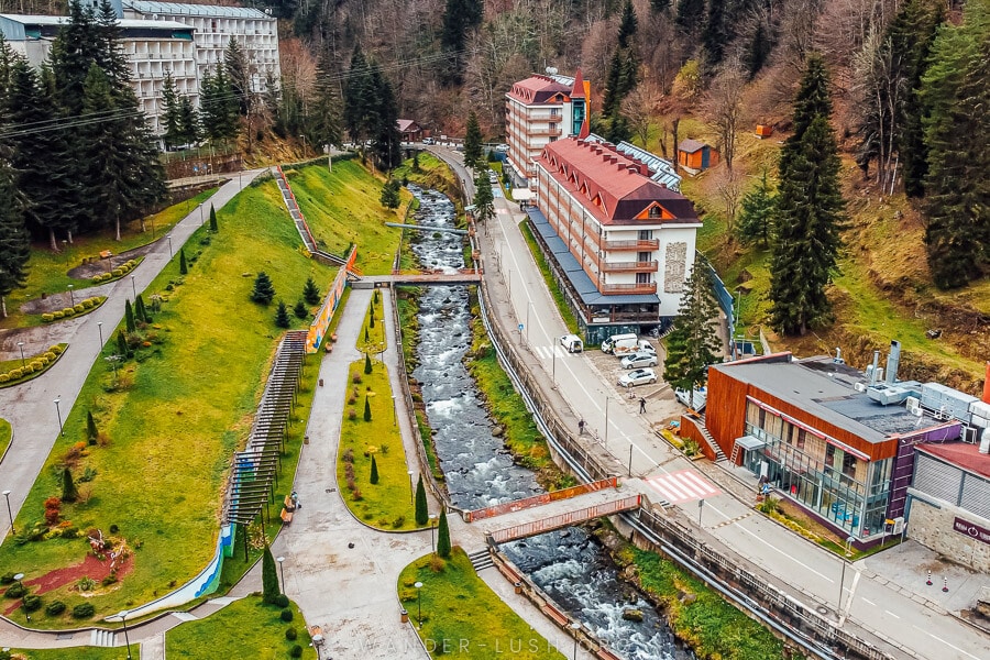 An aerial view of Sairme resort, with a stream coursing past sanatorium hotels.