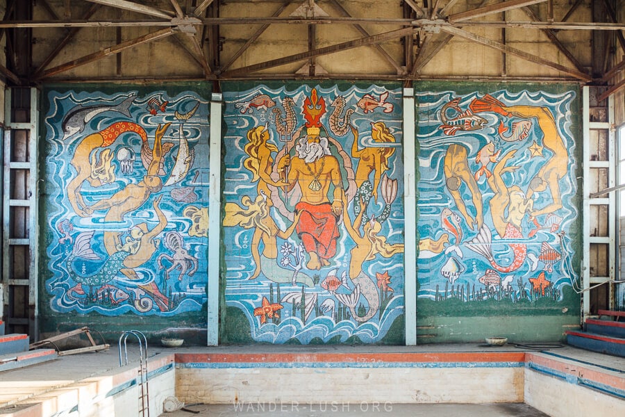 A Soviet-era mosaic depicting Poisidon inside an indoor swimming pool in Zestafoni, Georgia.