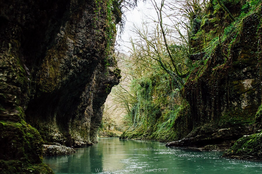 Martvili Canyon near Kutaisi, a green and blue landscape.