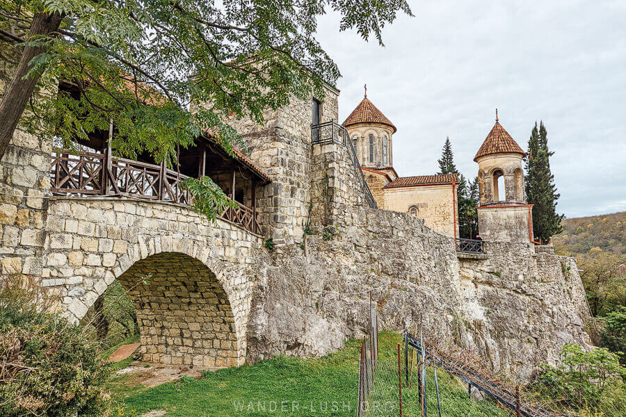 A stone bridge leads to Motsameta Monastery outside Kutaisi.