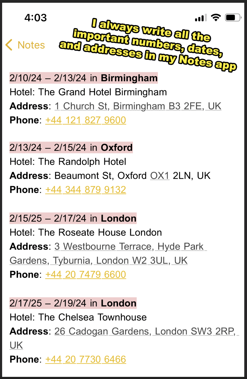 A Note app entry listing important numbers, dates, and addresses for hotels in Birmingham, Oxford, and London