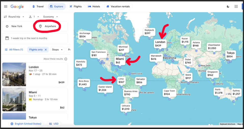 A map showing various flight prices from New York to destinations worldwide. London, Miami, and Tokyo are highlighted with red arrows indicating their prices