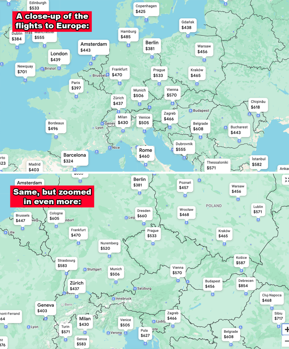 Map showing flight prices to various European cities. Top: a close-up of Europe. Bottom: further zoomed into central Europe. Prices range from $204 to $700