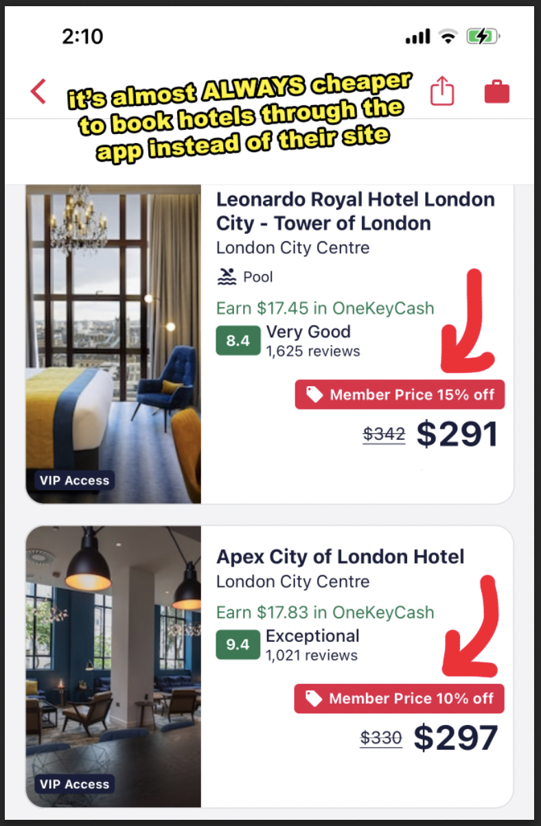 App showing hotel deals: Leonardo Royal Hotel London City for $291 and Apex City of London Hotel for $297, both with discounts and high ratings. Text says booking through the app is cheaper