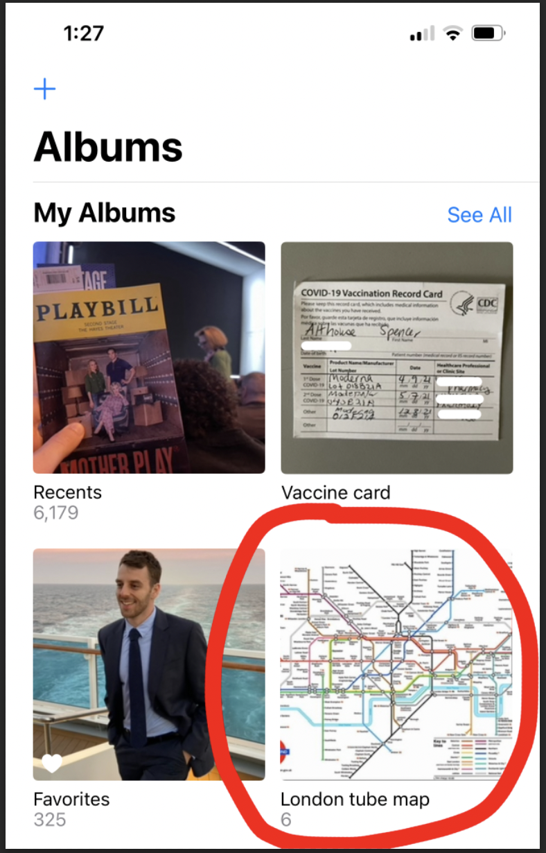 Screenshot of a phone photo album containing a Playbill, a COVID-19 vaccination card, a person in a suit, and a London tube map