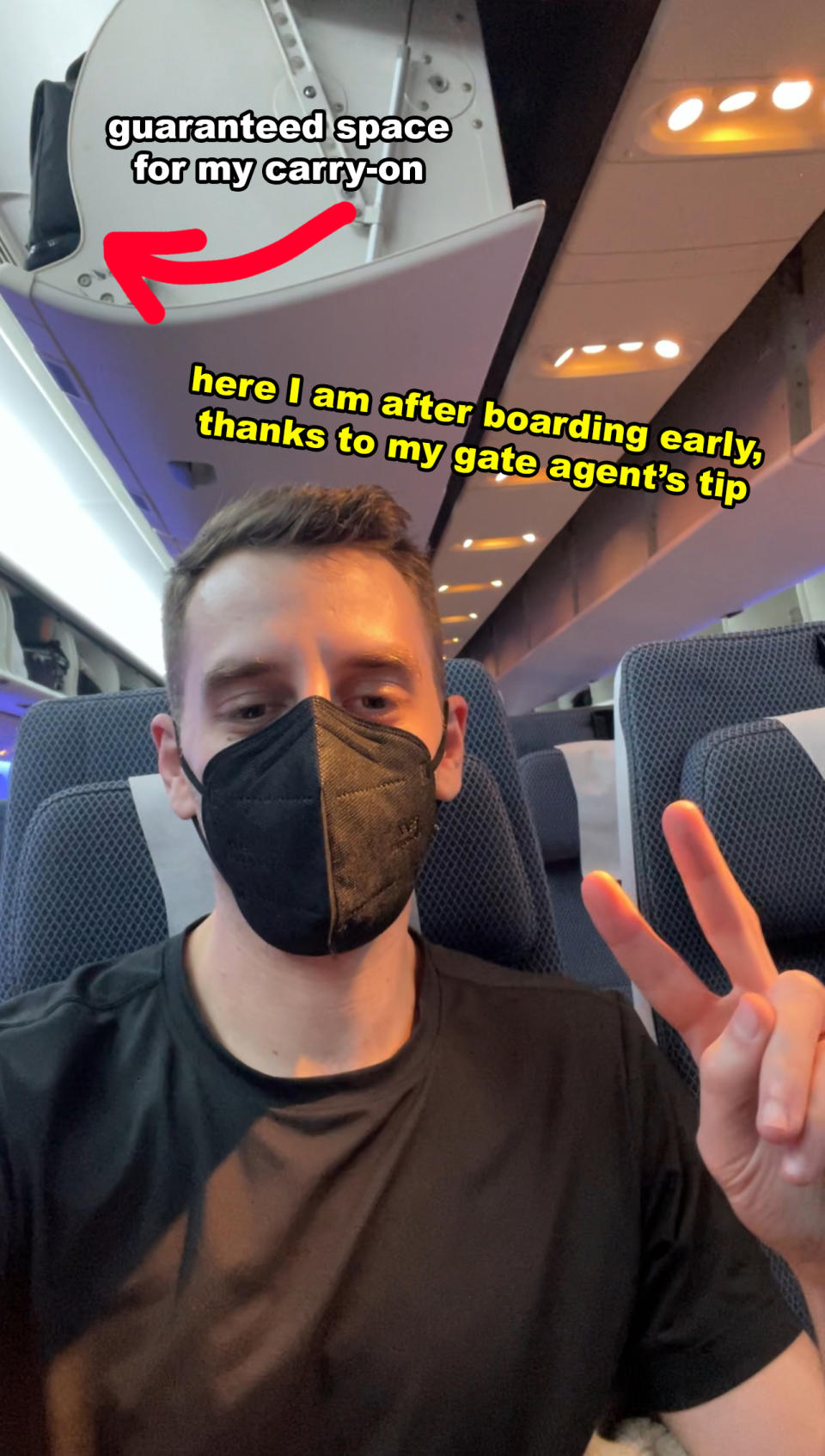 A man with a black mask on a plane gives a peace sign. Text reads: "guaranteed space for my carry-on" and "here I am after boarding early, thanks to my gate agent's tip."