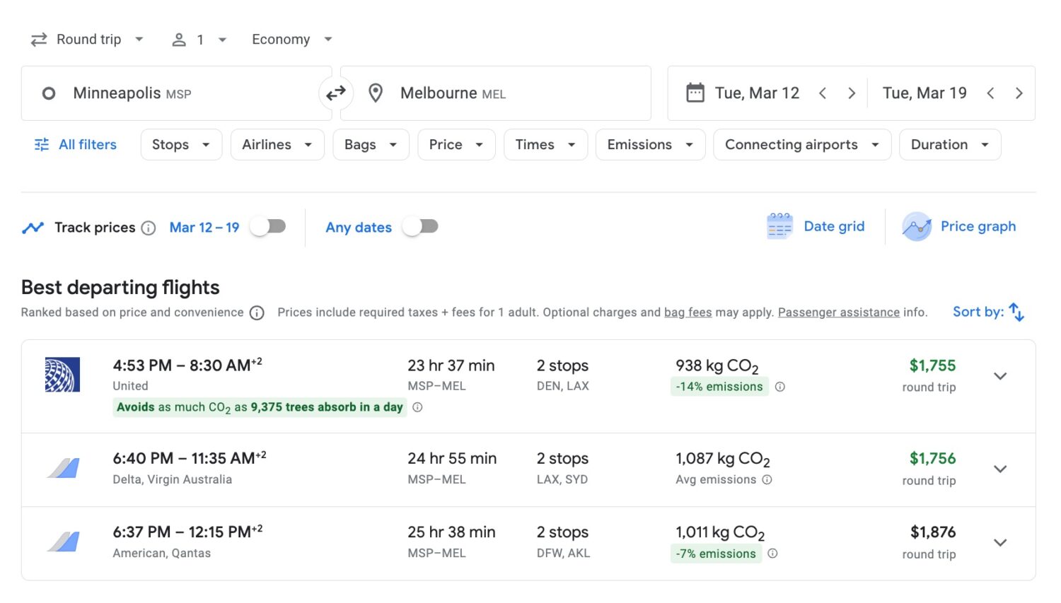 Google Flights Minneapolis (MSP) to Melbourne (MEL) flight