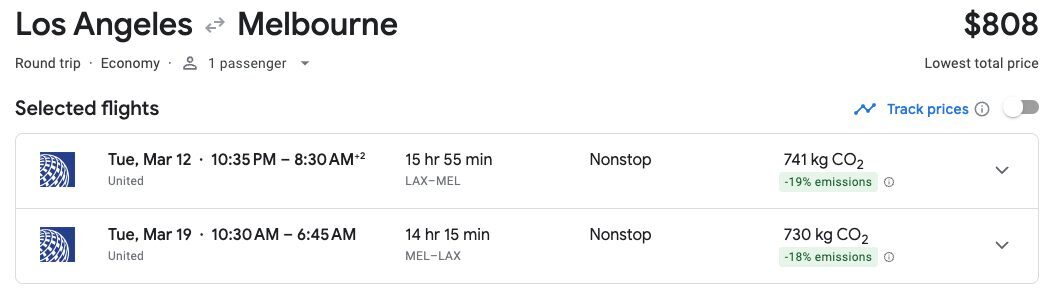 Google Flights Los Angeles (LAX) to Melbourne (MEL)