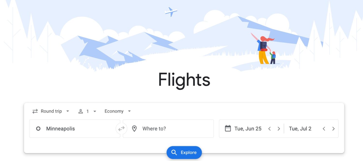 Google Flights minneapolis search