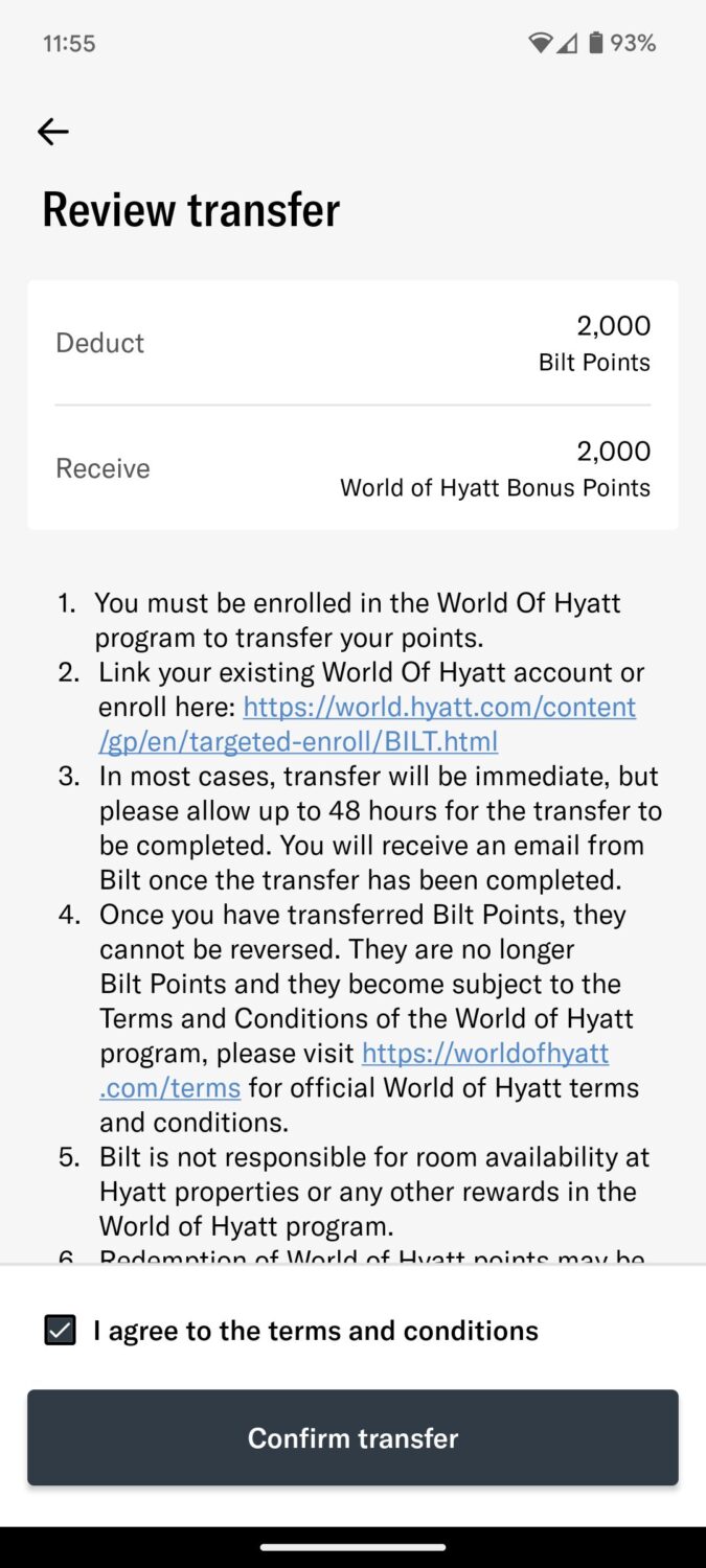 Bilt transfer to Hyatt review and confirmation