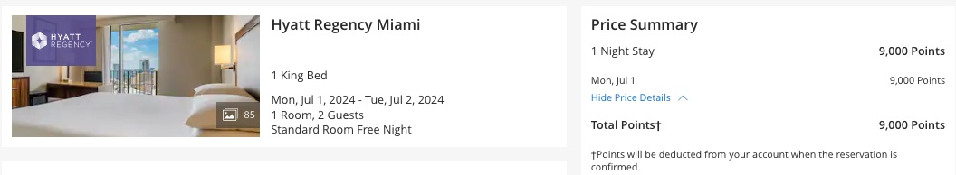 Hyatt Regency Miami award booking confirmation