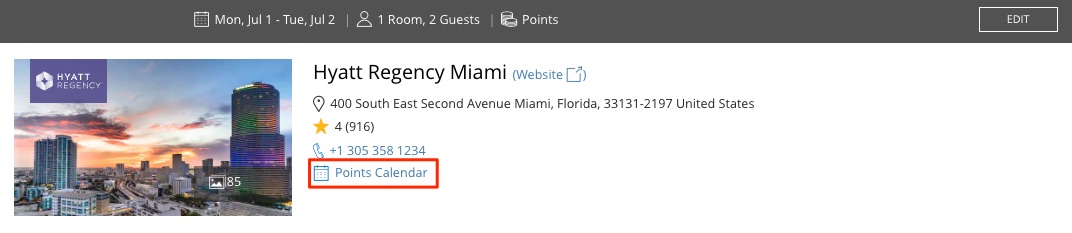 Hyatt Points Calendar Button