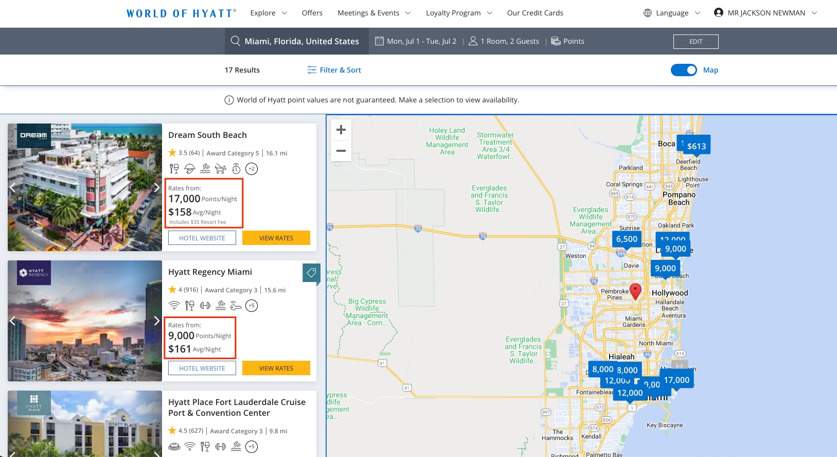 Hyatt Award Search and Map (Miami)