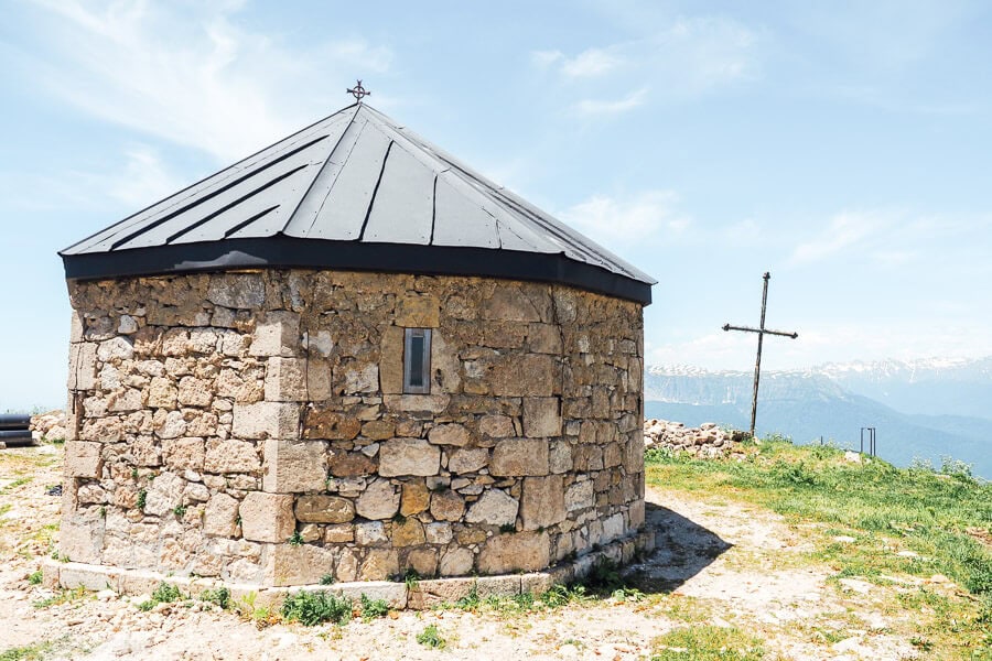 St George Church on Khvamli Mountain, a humble stone church with a new roof.