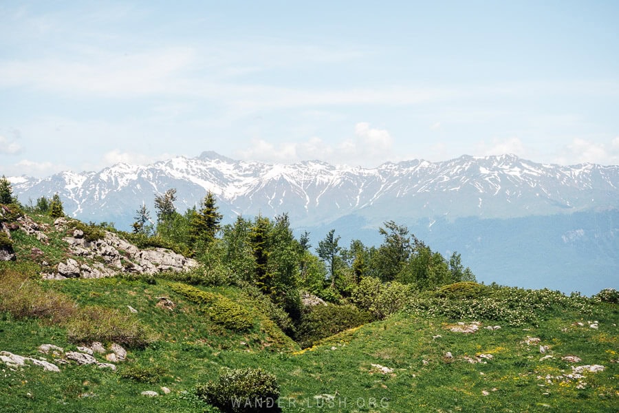 View of the Caucasus mountains striped with snow.