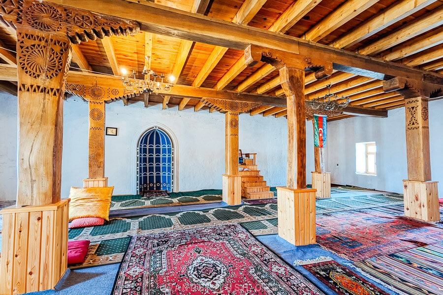 Carpets line the floor of the prayer hall inside the mosque in Xinaliq, Azerbaijan.