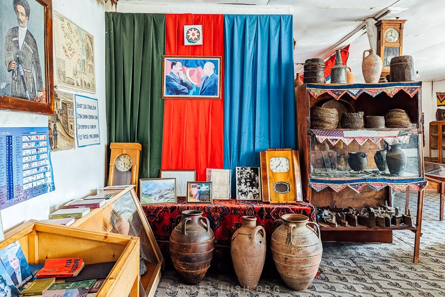 A display of antiques and artefacts inside the Khinaliq Museum in rural Azerbaijan.