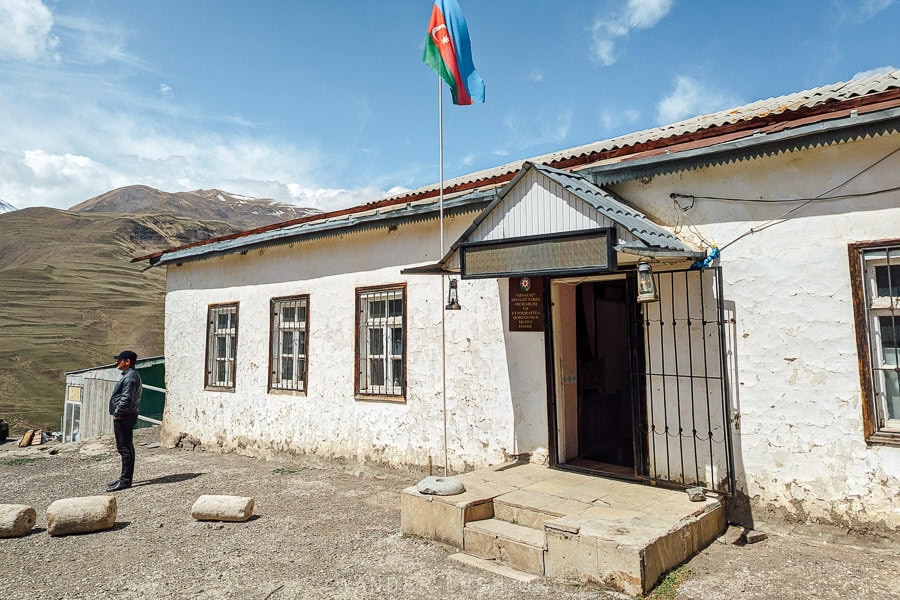 A one-storey white stucco building in Khinaliq that is home to an ethnography museum.