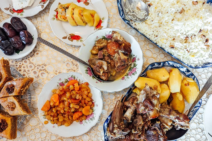 A homemade meal of plov served at a guesthouse in Khinaliq, Azerbaijan.