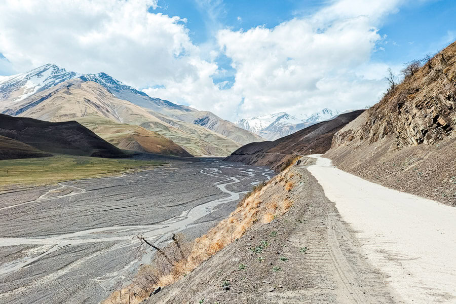 A long mountain road runs alongside the river on the way from Baku to Khinaliq.