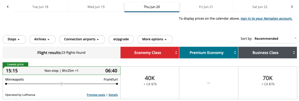 exmaple booking Lufthansa Business Class