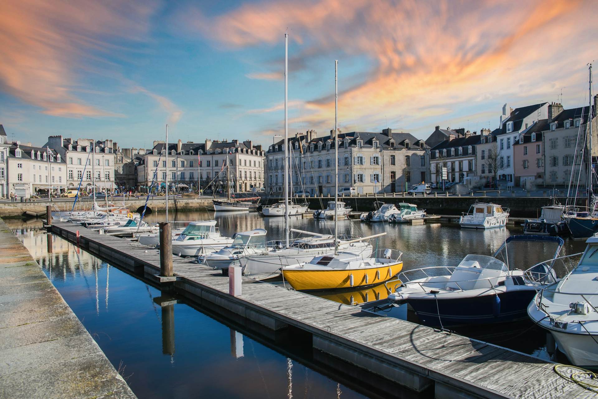 Sailboats in the harbor at dusk, Vannes, Brittany, France