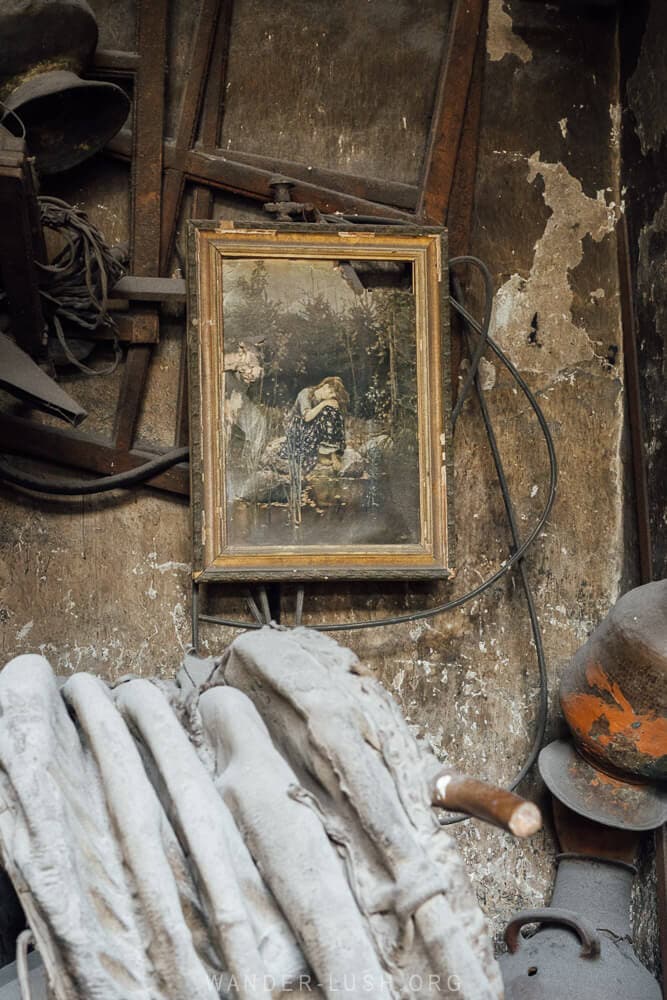 A jumble of equipment and items inside an artist's copper studio in Lahic, Azerbaijan.