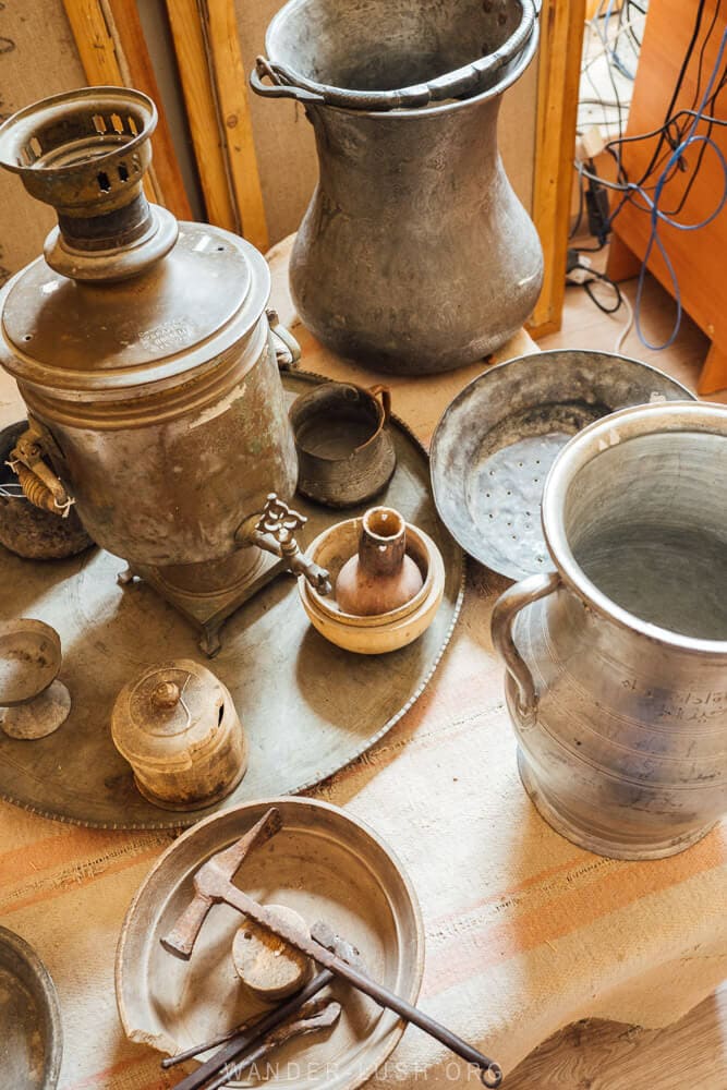 Copper items and metal tools at the small Local Lore Museum in Lahic, Azerbaijan.