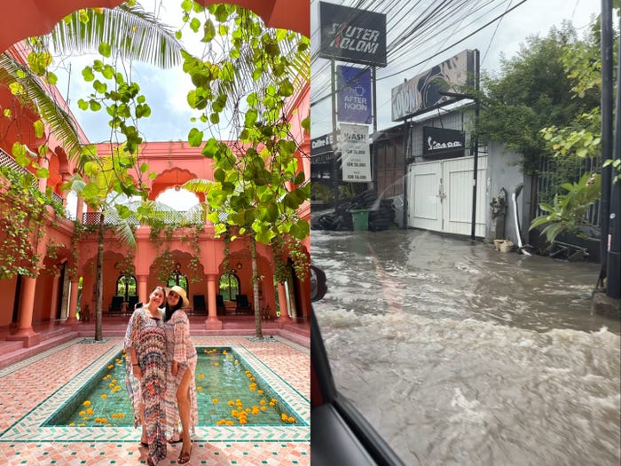 The author at Bodyworks spa in Seminyak, Bali (left), The aftermath of a day of rain in Bali (right).