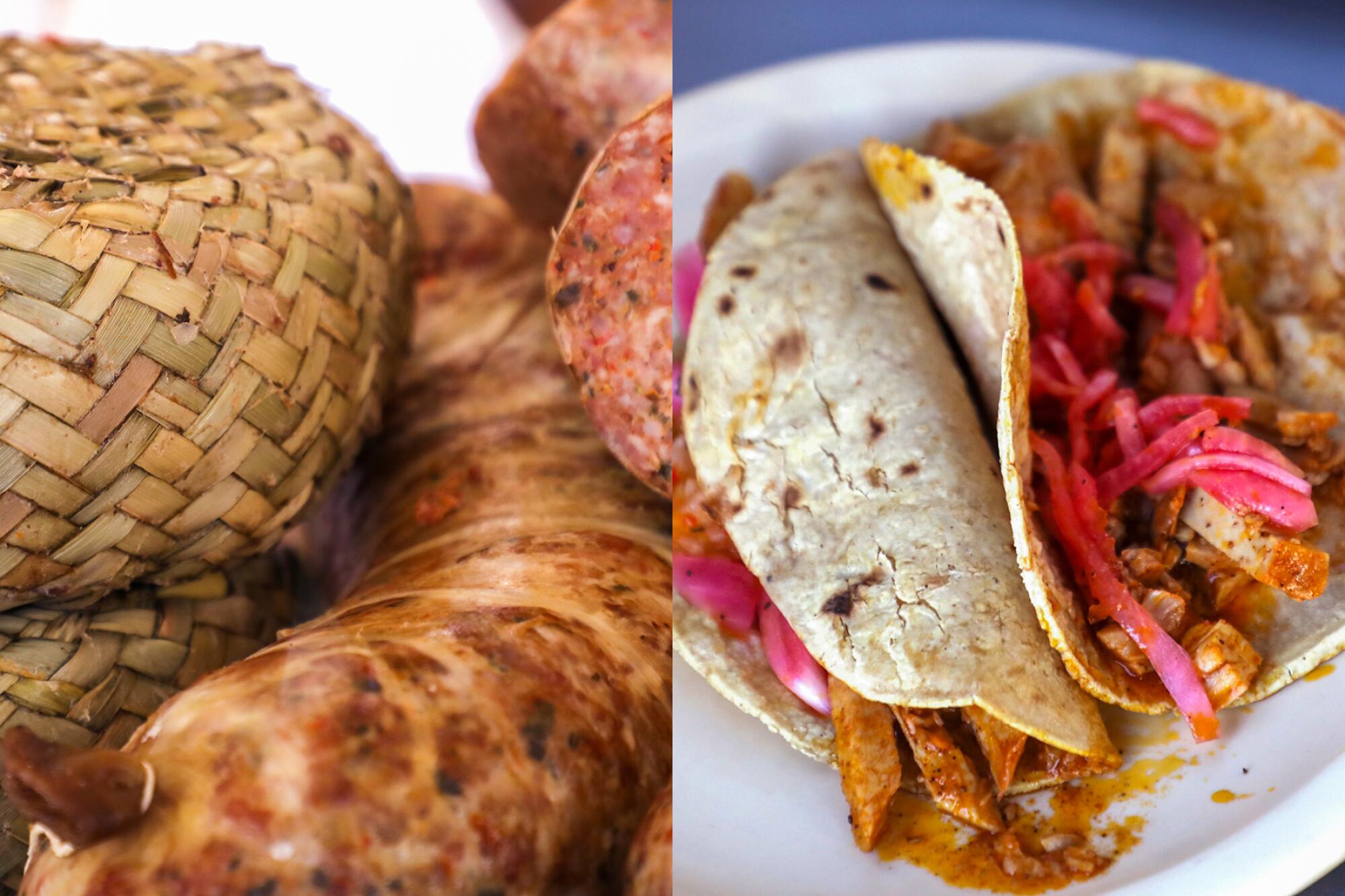 Sausages and tacos for sale in Mexico City.